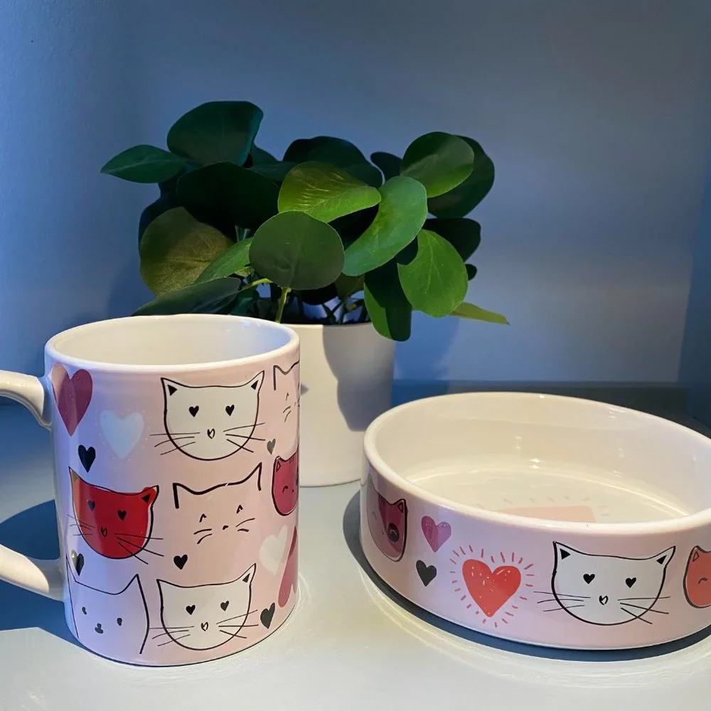 Pet Kitty Cat Lover Set 15 oz Mug and 6 in Pet bowl Match set